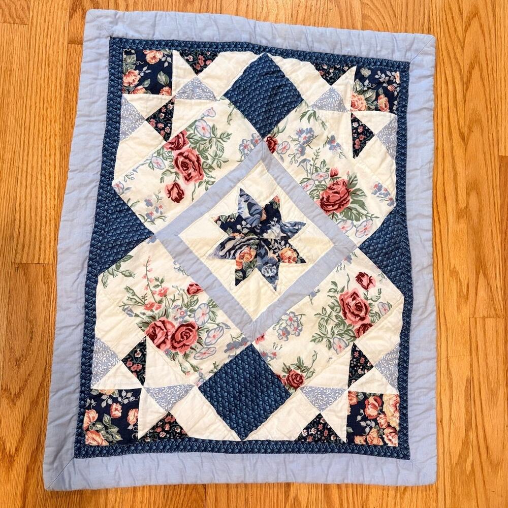 Handmade Quilted Floral Pillow Cover Cottagecore Blue Pink Patchwork